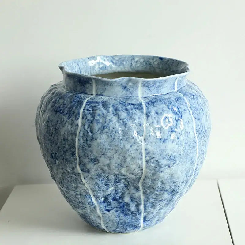Textured blue and white decorbites blue ceramic vase with fluted rim and vertical ridges for ceramic vase hydroponic use