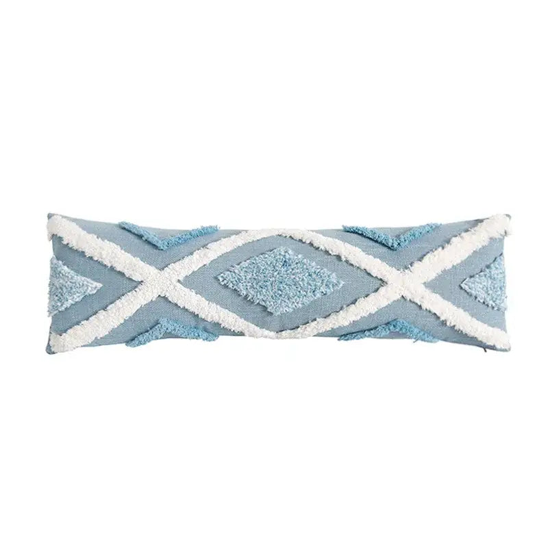 Light blue cushion cover with white fringed geometric patterns and textured diamond accents for living room decorbites blue geometric style