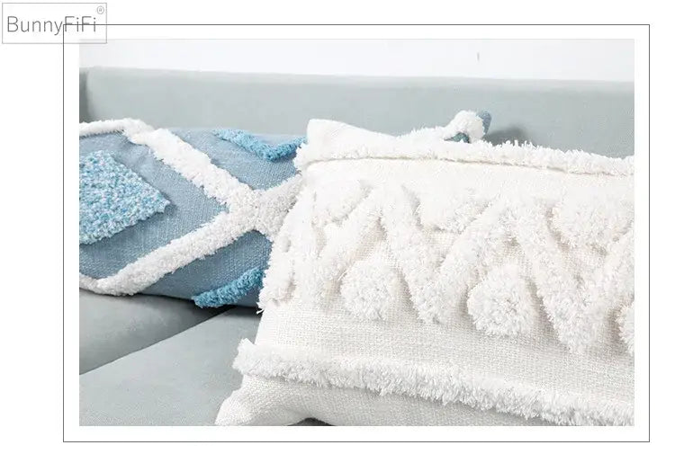 White textured throw pillow with fluffy pom-pom and fringe detailing for decorbites blue geometric cushion cover decor