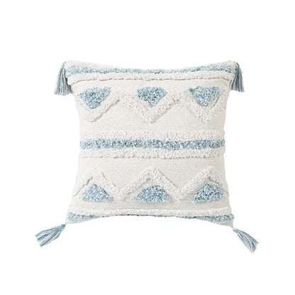 Cream-colored cushion cover with light blue decorbites blue geometric embroidery and tassels for living room decor