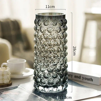 Tall frosted gray textured bubble glass hydroponics plant pot with raised circular patterns for living room table