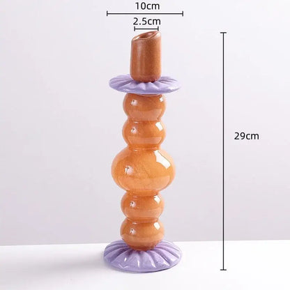 Tall glossy amber glass candlestick holder with lavender ceramic base and top ring for decorbites geometric glass decor