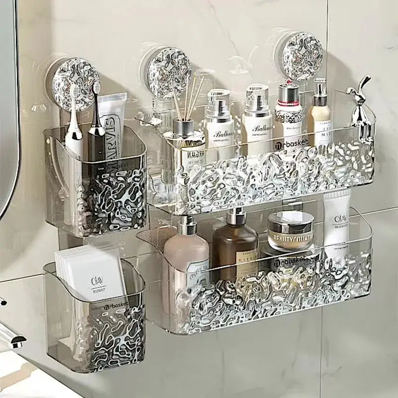 Textured clear acrylic suction cup bathroom shelf storage rack with silver accents and secure suction cup mounting