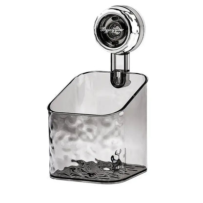 Clear textured glass toothbrush holder with chrome bracket and byjyog logo on a suction cup bathroom shelf storage rack