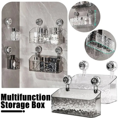 Clear textured acrylic bathroom shelf storage rack with silver-toned suction cup mounting for shower organization