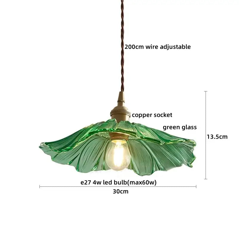 Green glass leaf-shaped clear glass led pendant light with copper socket and adjustable 200cm wire by decorbites