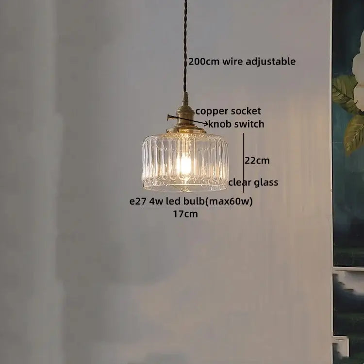 Textured clear glass led pendant light with ribbed decorbites clear glass and brass copper socket for kitchen fixture decor