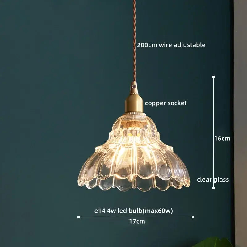 Clear glass led pendant light with scalloped petal design and brass copper socket for kitchen decorbites fixture