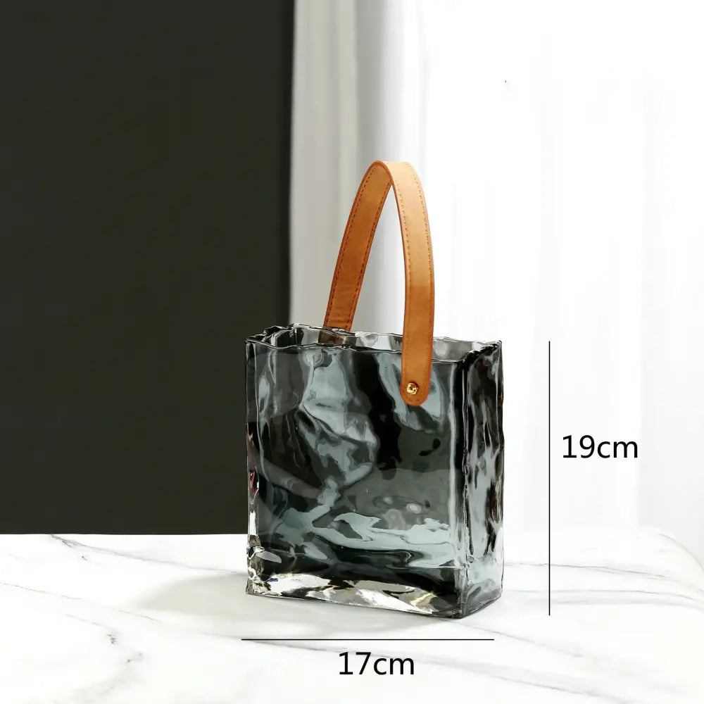 Transparent black textured glass handbag with tan leather handle suitable for decorbites clear glass vase hydroponic use
