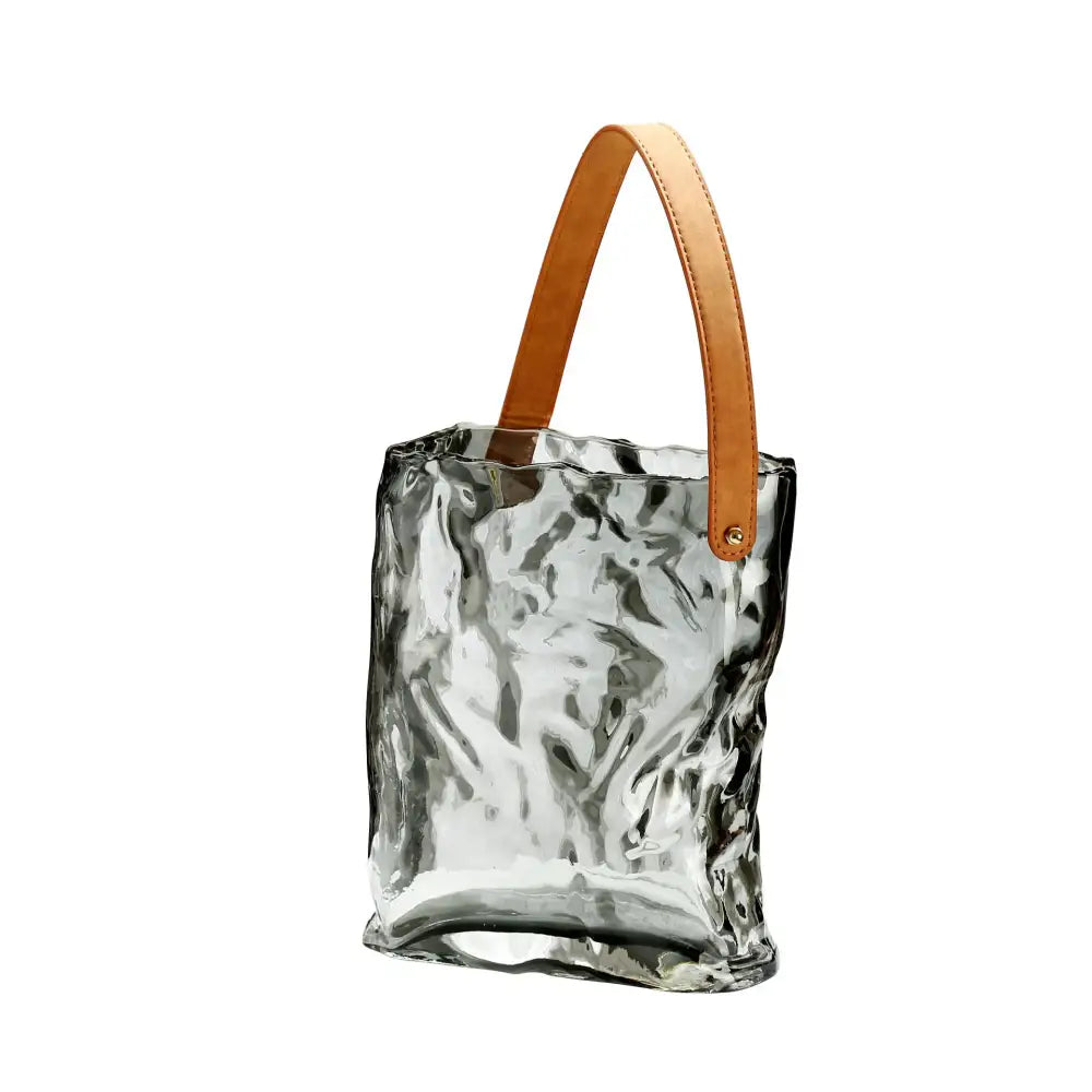 Transparent ripple-textured clear glass vase tote bag with tan leather handle for decorbites clear glass hydroponic use