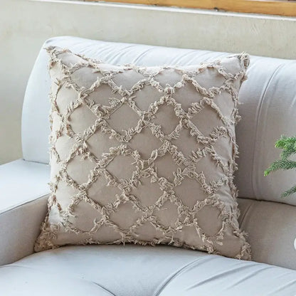 Beige cotton diamond cushion cover with textured frayed fabric accents from decorbites cotton diamond set for living room decor