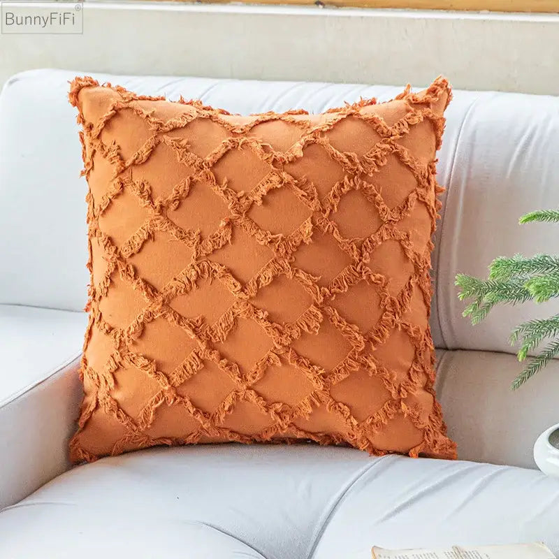 Orange textured cotton diamond cushion cover with diamond pattern and frayed edges for living room decorbites cushion cover