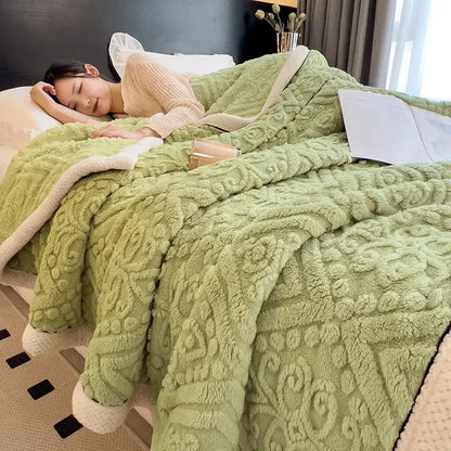 Soft mint green plush warm blanket with textured floral pattern and cream coral fleece lining by decorbites coral fleece