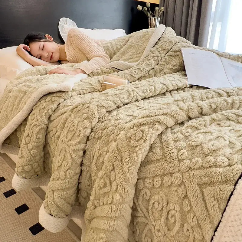 Cream-colored warm blanket with textured raised floral pattern and soft coral fleece lining from decorbites coral fleece