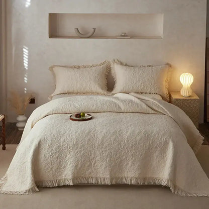 Textured cream cotton quilted bedspread set with fringed edges and matching pillows for bedroom decorbites cotton quilted