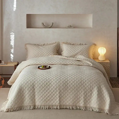 Textured cream decorbites cotton quilted bedspread set with diamond pattern and fringed edges for bedroom decor