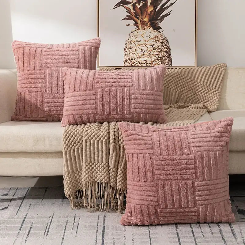Soft pink textured throw pillows with a woven ribbed pattern for decorbites geometric design cushion covers decor