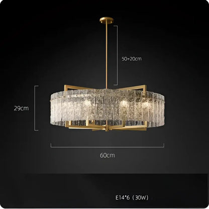 Gold-toned dimmable led copper glass chandelier with circular frame and cascading textured crystal strands for living room decorbites dimmable led