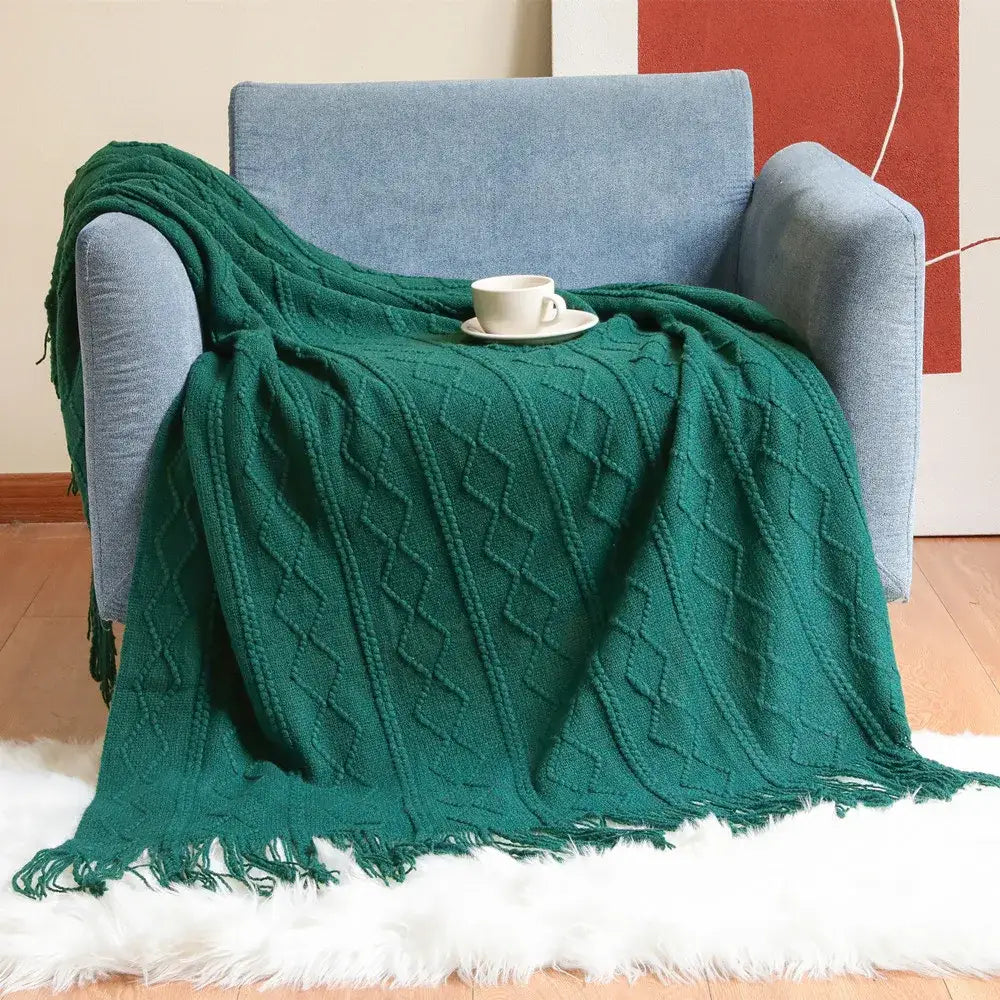 Deep green cable knit throw blanket with fringed edges cozy knit throw for living room decorbites cozy knit