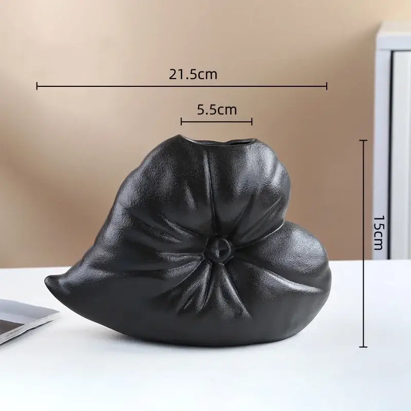 Black ceramic fluffy heart vase with glossy finish and detailed petal folds for living room decorbites fluffy heart decor