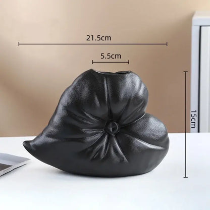 Black ceramic fluffy heart vase with glossy finish and detailed petal folds for living room decorbites fluffy heart decor