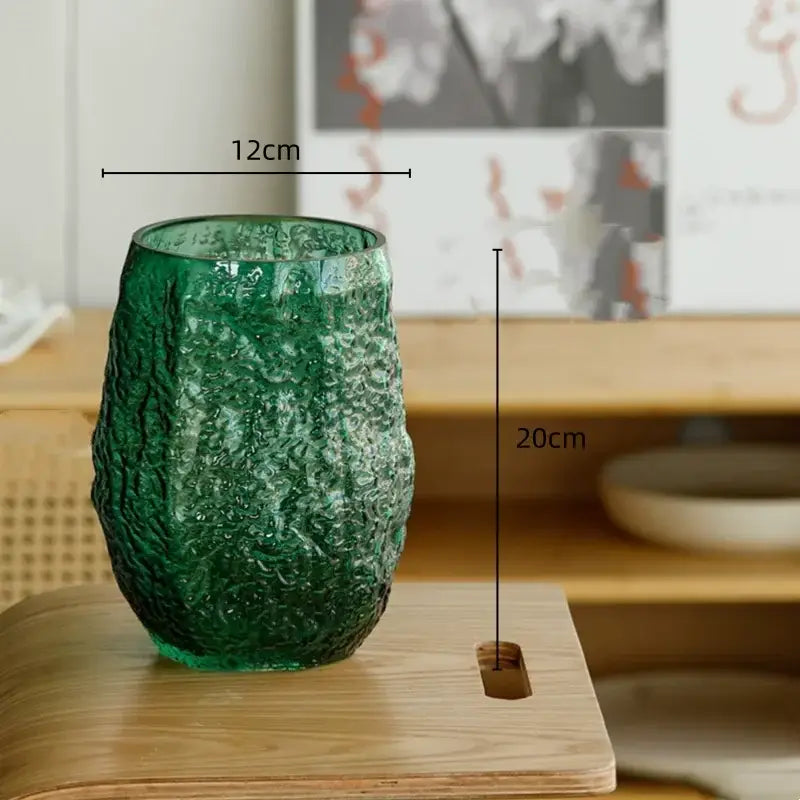 Textured frosted green transparent glass vase 12cm wide by 20cm tall for living room decorbites decor