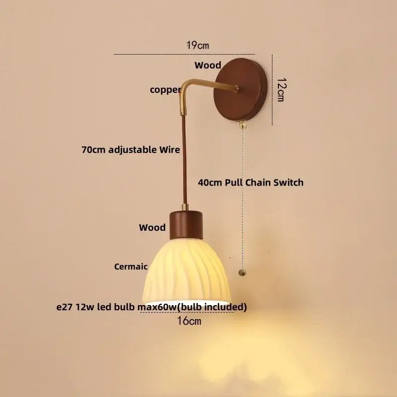 Warm-toned ceramic and wood adjustable led wall light with copper arm and wire for customizable height decorbites adjustable led