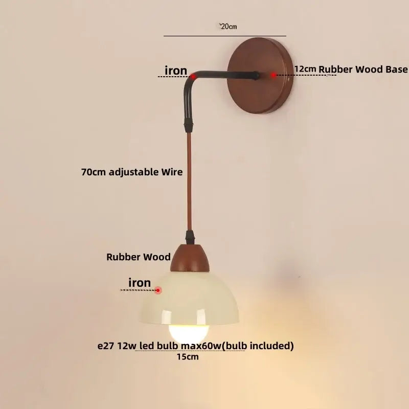 Warm-toned decorbites adjustable led wall light with curved iron arm and rubber wood base for bedroom sconce decor