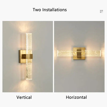 Modern gold wall sconce with textured glass tube filled with sparkling bubbles for warm bedroom lighting decorbites gold wall sconce