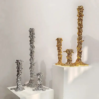 Textured gold and silver decorbites golden candlestick holder with a molten metal surface for dining room decor