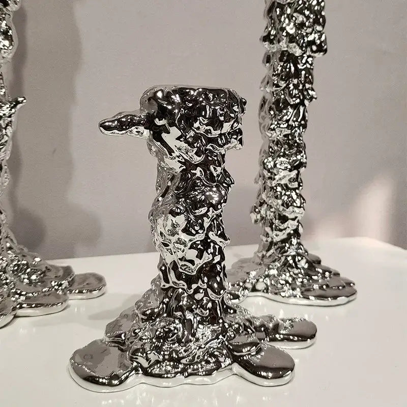 Shiny silver metallic candlestick holder with textured molten appearance for decorbites golden candlestick centerpiece