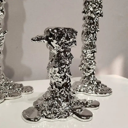 Shiny silver metallic candlestick holder with textured molten appearance for decorbites golden candlestick centerpiece