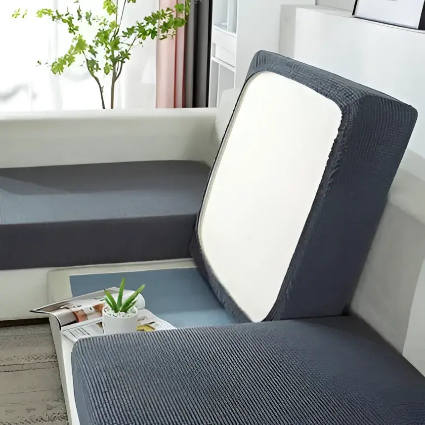 Navy blue textured fabric sofa cover with white backrest panel for living room furniture protection and style