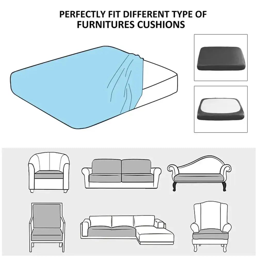 Light blue stretchy cushion cover designed to fit various furniture with textured green and beige elastic sofa cover protector
