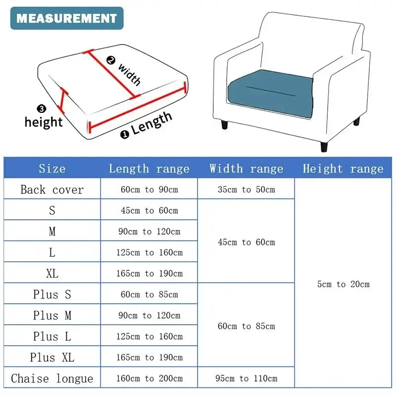 Blue cushion cover designed for armchair with measurement guidelines shown alongside textured green and beige elastic sofa cover size chart