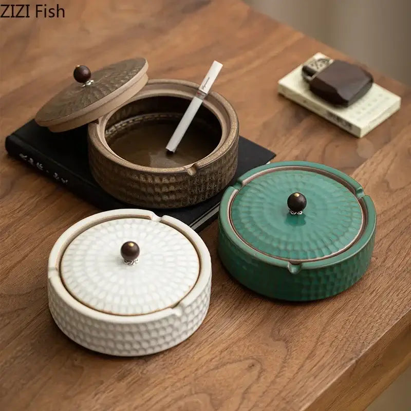 Textured green ceramic ashtray with wooden lid and hammered finish, part of decorbites ceramic ashtray collection for office or living room