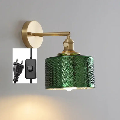 Green zigzag-patterned glass nordic wall sconce with brass hardware for bedroom led lighting