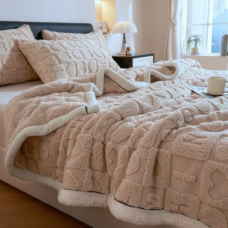Beige plush fleece throw blanket with textured pattern and soft white lining cozy lamb wool decorbites lamb wool blanket