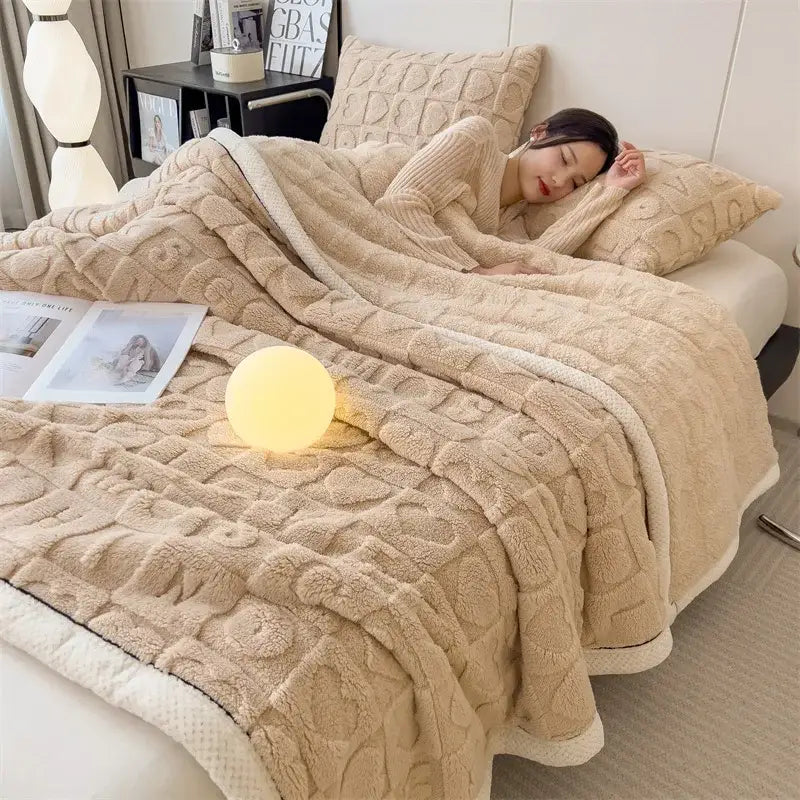 Beige plush quilted lamb wool blanket with soft textured surface and white lining from decorbites cozy lamb collection
