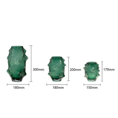 Three textured green sea cucumber glass vases with frosted finish and organic shapes for living room decor