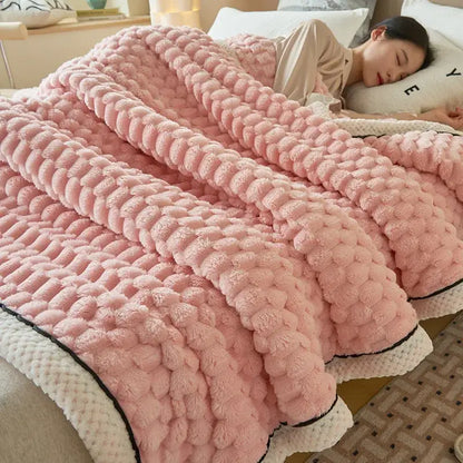Pink chunky knit throw blanket with plush textured surface and white trim for decorbites cozy taffeta velvet bedroom throw