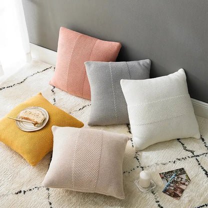 Set of five cozy pastel knit cushion covers including a textured light gray decorbites knit cushion for living room decor
