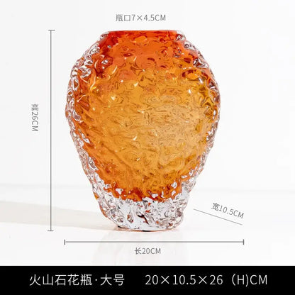 Translucent amber glass colored vase with textured bubble surface and clear crystalline base for living room decor