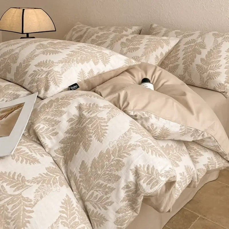 Beige and cream fern-patterned decorbites cotton three-layer bedding set with soft textured fabric finish