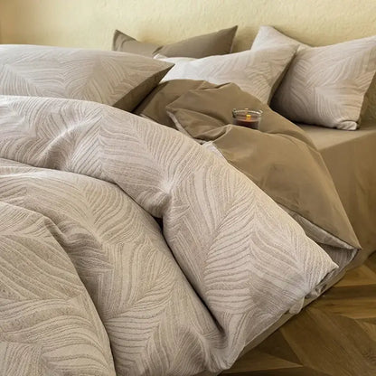 Beige decorbites cotton three-layer bedding set with subtle leaf-patterned texture for soft yellow bedroom decor
