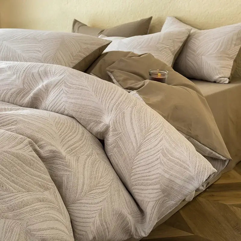 Beige decorbites cotton three-layer bedding set with subtle leaf-patterned texture for soft yellow bedroom decor