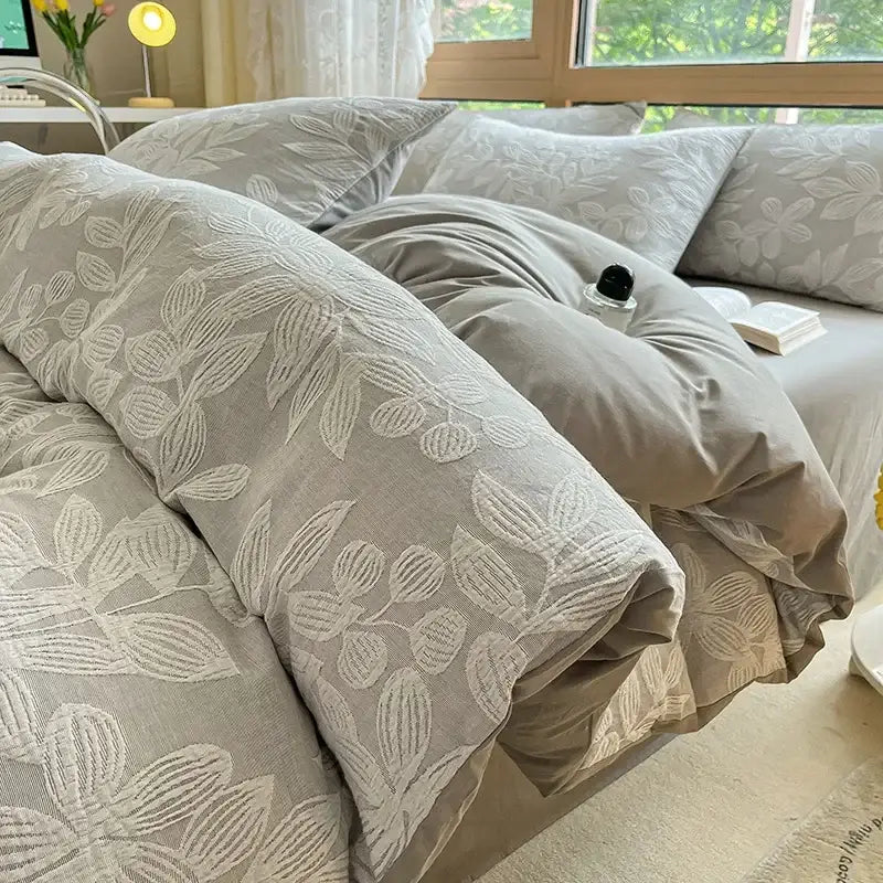 Gray duvet cover with subtle white embroidered leaf and berry patterns in decorbites cotton three-layer bedding set