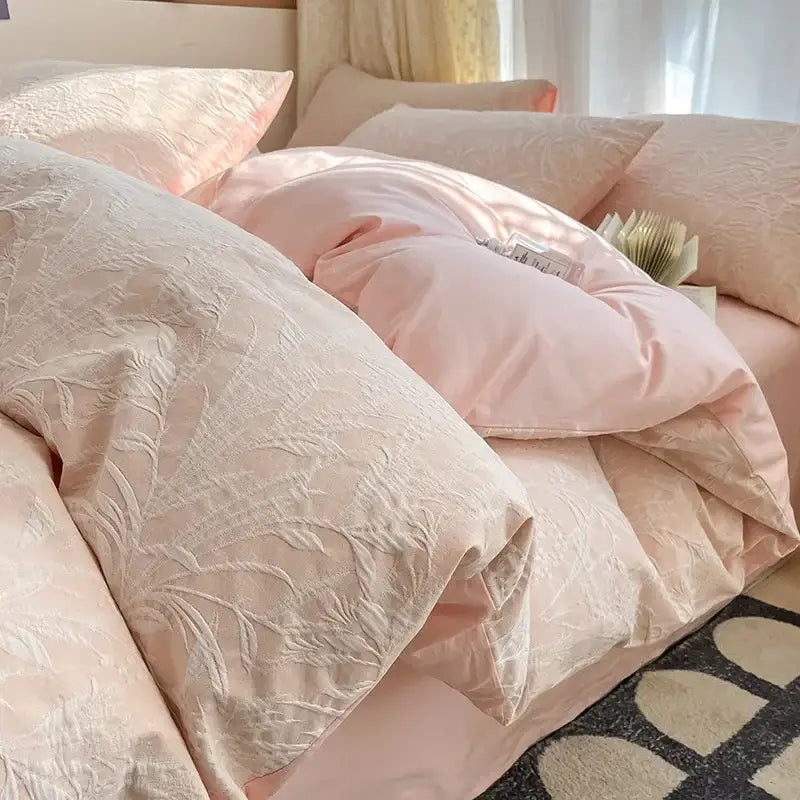 Soft blush pink duvet set with delicate leaf embroidery in textured satin fabric for decorbites cotton bedding set