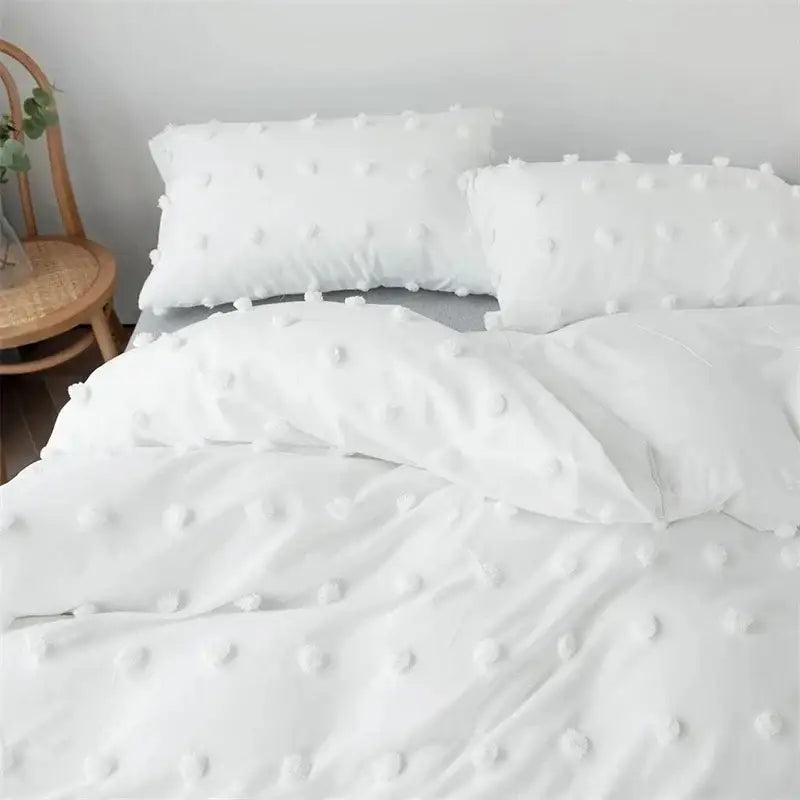 White textured furball double bed duvet set with plush pom-pom detailing by decorbites for bedroom bedding decor