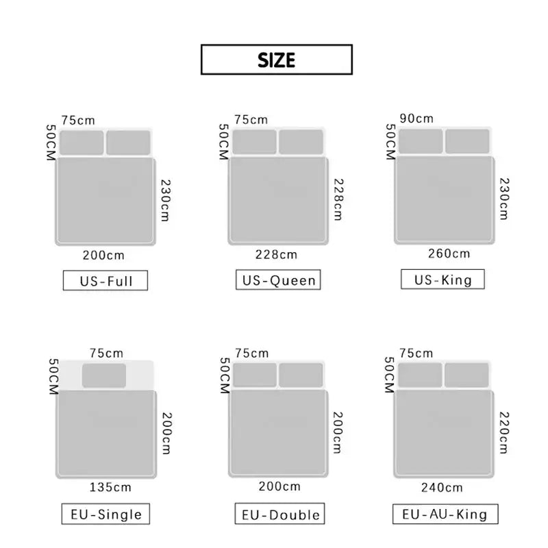 Size chart showing dimensions in us and eu sizing for decorbites furball double duvet set in textured white furball fabric